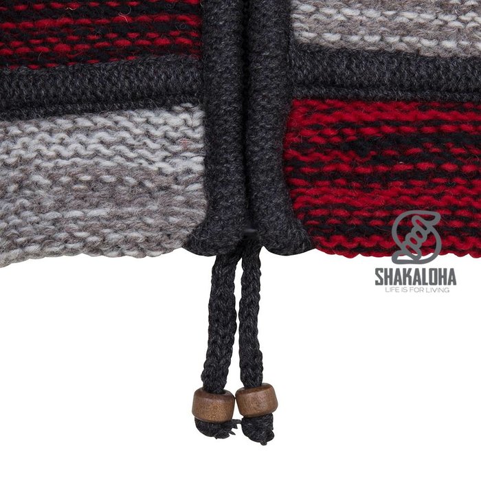 Shakaloha Shakaloha Gebreid Wollen Vest Patch ZH Grijs Rood NavyBlue met Fleece Voering en Afneembare Capuchon - Dames - Handgemaakt in Nepal van Schapenwol