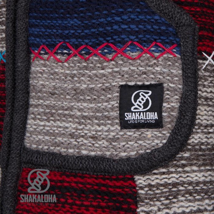 Shakaloha Shakaloha Gebreid Wollen Vest Patch ZH Grijs Rood NavyBlue met Fleece Voering en Afneembare Capuchon - Dames - Handgemaakt in Nepal van Schapenwol
