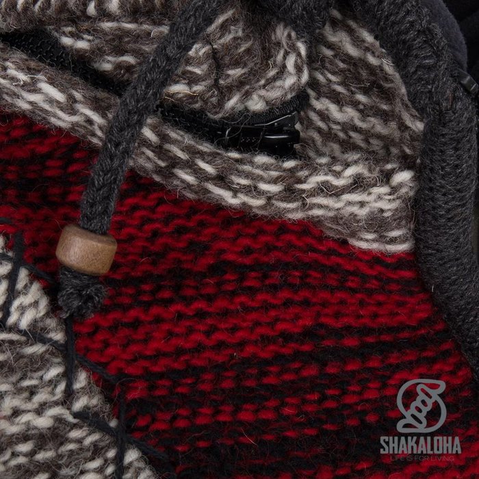 Shakaloha Shakaloha Gestrickte Wollweste Patch ZH Grau Rot Marineblau mit Fleecefutter und abnehmbarer Kapuze - Damen - Handgefertigt in Nepal aus Schafwolle