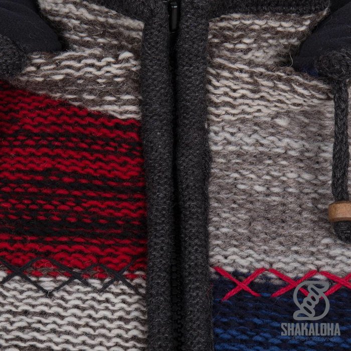Shakaloha Chaleco de punto de lana Shakaloha con parche ZH, gris, rojo, azul marino, forro polar y capucha desmontable - Mujer - Hecho a mano en Nepal con lana de oveja