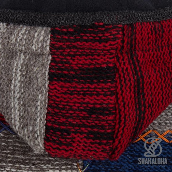 Shakaloha Shakaloha Knitted Woolen Jacket Patch ZH Gray Red NavyBlue with Fleece Lining and Detachable Hood - Woman - Handmade in Nepal from sheep's wool