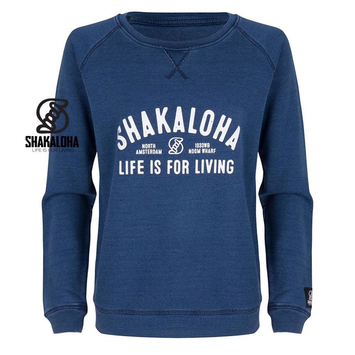 Shakaloha Damenpullover Crew Blau - Bio-Baumwolle mit Shakaloha-Print