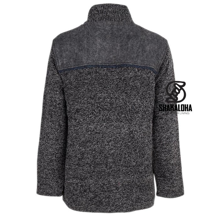 Shakaloha Shakaloha Knitted Woolen Jacket Sierra Anthracite Blue with Cotton Lining and High Collar - Men - Unisex - Handmade in Nepal from sheep's wool