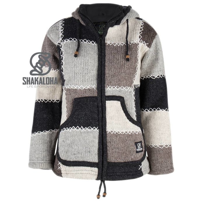 Shakaloha Chaleco de punto de lana Shakaloha con parche NH en colores naturales, forro polar y capucha con cuello interior - Mujer - Hecho a mano en Nepal con lana de oveja