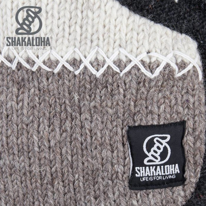 Shakaloha Chaleco de punto de lana Shakaloha con parche NH en colores naturales, forro polar y capucha con cuello interior - Mujer - Hecho a mano en Nepal con lana de oveja