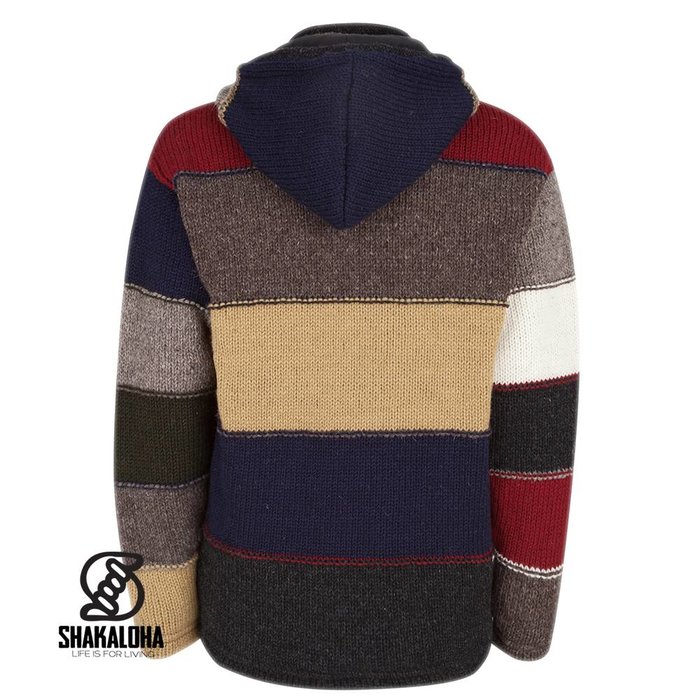 Shakaloha Gilet tricoté en laine Shakaloha Zito ZH multicolore foncé avec doublure polaire et capuche amovible - Homme/Uni - Fabriqué au Népal en laine de mouton