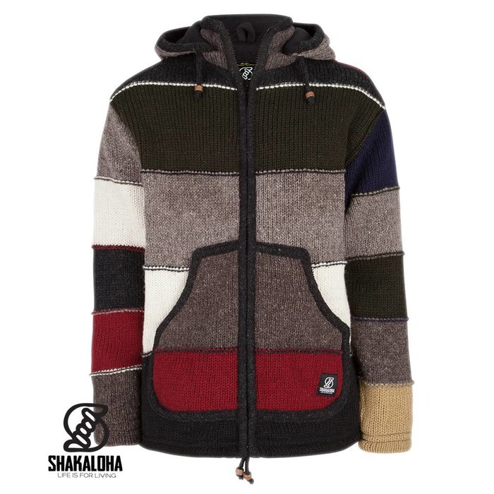 Shakaloha Chaleco de punto de lana Shakaloha Zito ZH multicolor oscuro con forro polar y capucha desmontable - Hombre/Unisex - Hecho a mano en Nepal con lana de oveja