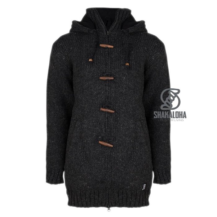 Shakaloha Shakaloha Strick-Wollcardigan Woodcord Ziphood Anthrazit mit Fleecefutter und abnehmbarer Kapuze - Damen - Handgefertigt in Nepal aus Schafwolle