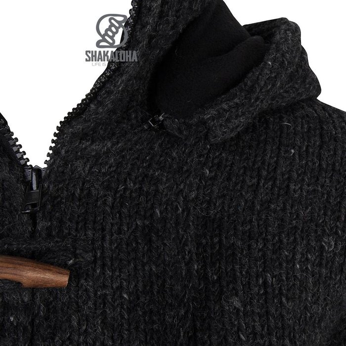 Shakaloha Shakaloha Gebreid Wollen Vest Woodcord Ziphood Antraciet met Fleece Voering en Afneembare Capuchon - Dames - Handgemaakt in Nepal van Schapenwol