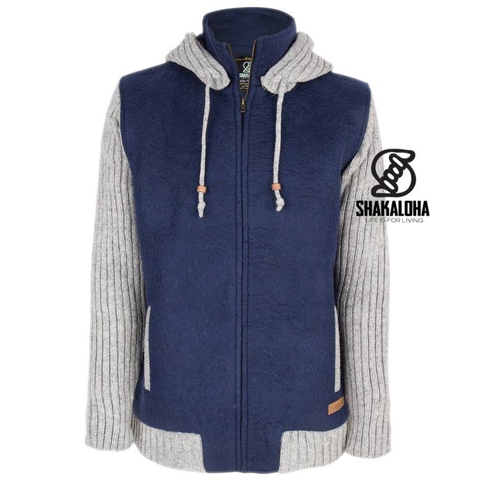 Shakaloha Shakaloha Veste en Laine Tricoté Baseball ZH Bleu marine bleu avec Doublure en coton et Capuche détachable - Hommes - Uni - Fabriqué à la main au Népal en laine de mouton