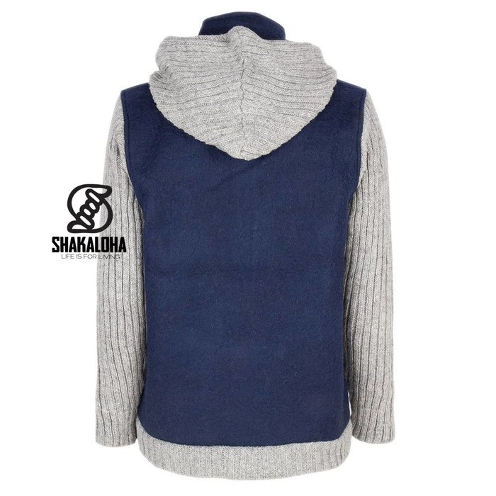 Shakaloha Shakaloha Veste en Laine Tricoté Baseball ZH Bleu marine bleu avec Doublure en coton et Capuche détachable - Hommes - Uni - Fabriqué à la main au Népal en laine de mouton