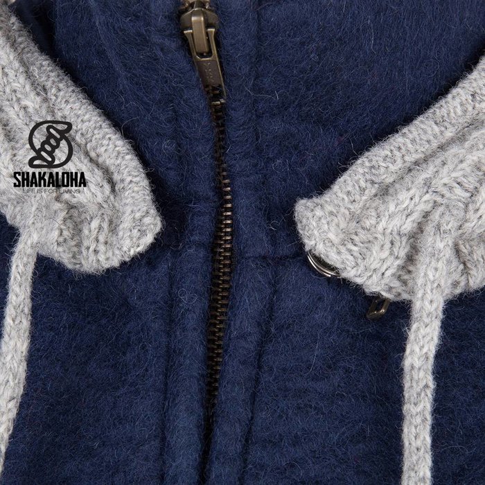 Shakaloha Shakaloha Veste en Laine Tricoté Baseball ZH Bleu marine bleu avec Doublure en coton et Capuche détachable - Hommes - Uni - Fabriqué à la main au Népal en laine de mouton