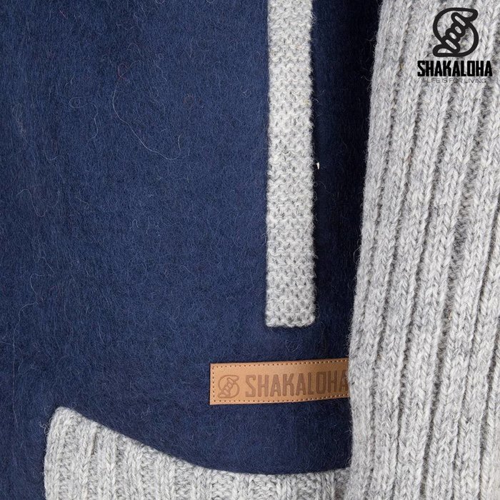 Shakaloha Shakaloha Veste en Laine Tricoté Baseball ZH Bleu marine bleu avec Doublure en coton et Capuche détachable - Hommes - Uni - Fabriqué à la main au Népal en laine de mouton