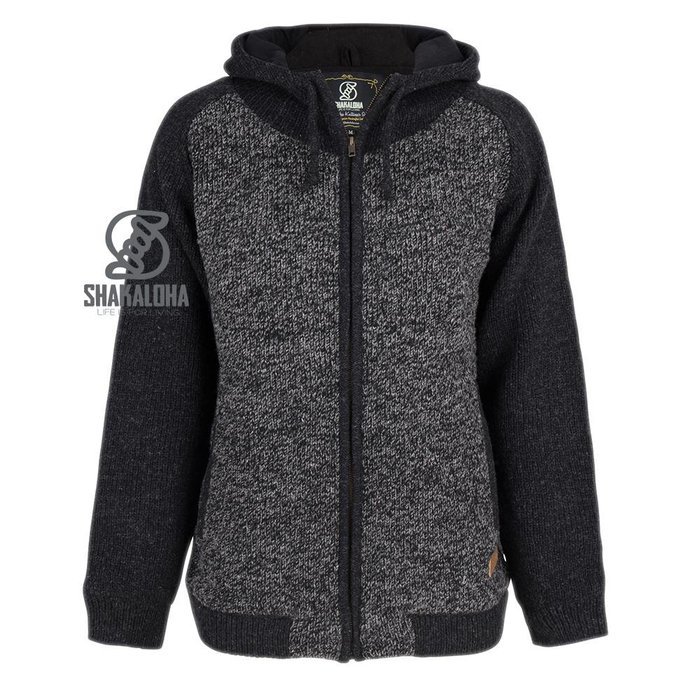 Shakaloha Shakaloha Veste en Laine Tricoté Bohemian Gris antracite avec Doublure en coton et Capuche - Hommes - Uni - Fabriqué à la main au Népal en laine de mouton