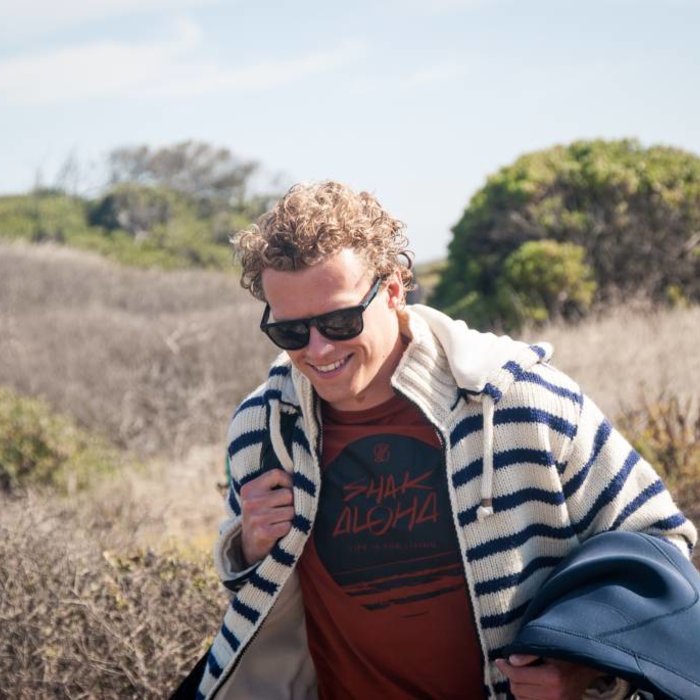 Shakaloha Chaleco de punto de lana Shakaloha con capucha dividida, cremallera, blanco y azul marino, forro polar y capucha desmontable - Hombre/Unisex - Hecho a mano en Nepal con lana de oveja