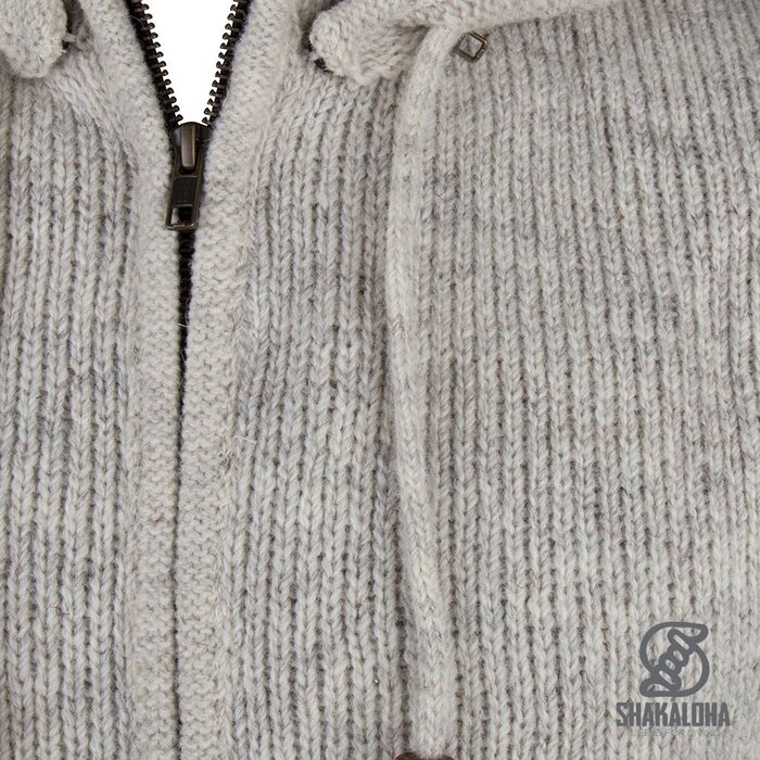 Shakaloha Shakaloha Knitted Woolen Jacket Rosco ZH Beige Cream with Cotton Lining and Detachable Hood - Men - Unisex - Handmade in Nepal from sheep's wool