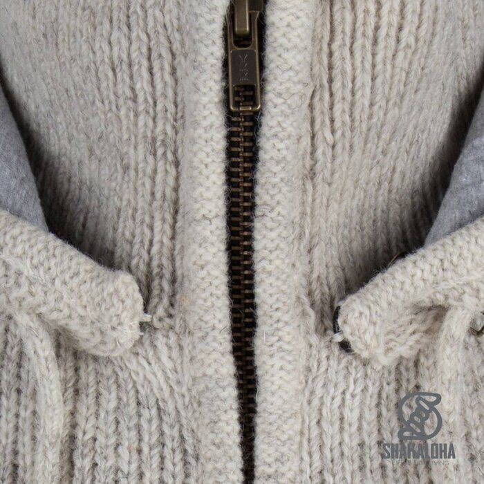 Shakaloha Shakaloha Knitted Woolen Jacket Rosco ZH Beige Cream with Cotton Lining and Detachable Hood - Men - Unisex - Handmade in Nepal from sheep's wool