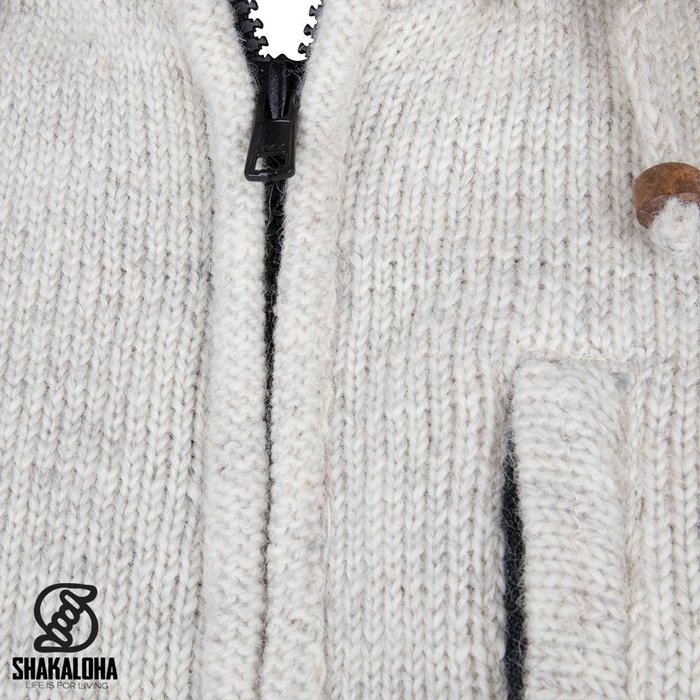 Shakaloha Shakaloha Knitted Woolen Jacket Splendor ZH Beige Cream with Cotton Lining and Detachable Hood - Men - Unisex - Handmade in Nepal from sheep's wool