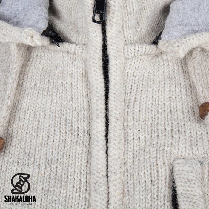 Shakaloha Shakaloha Gebreid Wollen Vest Splendor ZH Beige Crème met Katoenen Voering en Afneembare Capuchon - Man/Uni - Handgemaakt in Nepal van Schapenwol
