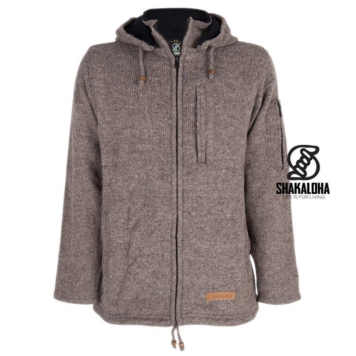 Shakaloha Chaleco de punto de lana Shakaloha Splendor ZH marrón claro topo con forro de algodón y capucha desmontable - Hombre/Unisex - Hecho a mano en Nepal con lana de oveja