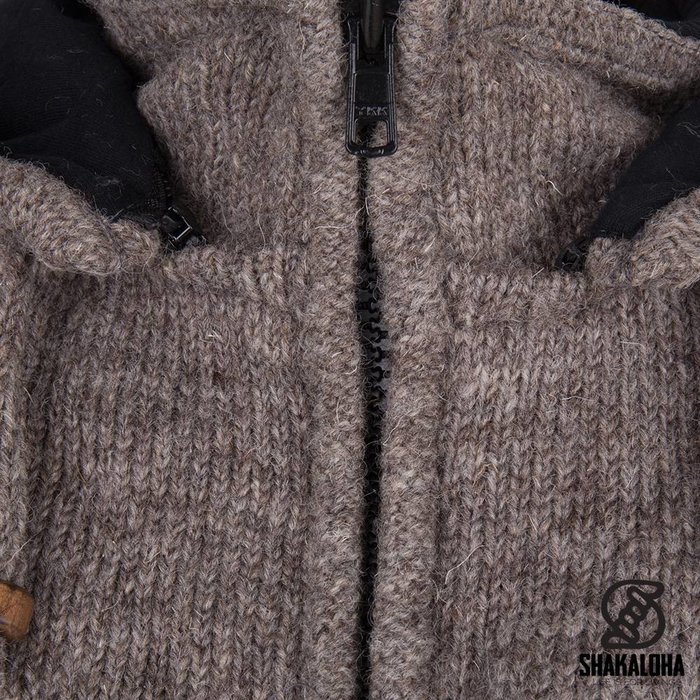 Shakaloha Chaleco de punto de lana Shakaloha Splendor ZH marrón claro topo con forro de algodón y capucha desmontable - Hombre/Unisex - Hecho a mano en Nepal con lana de oveja