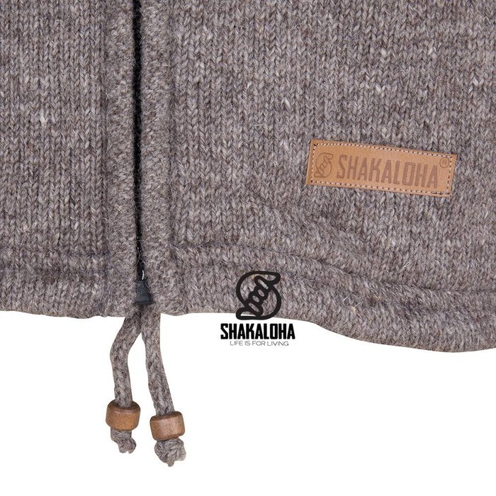 Shakaloha Chaleco de punto de lana Shakaloha Splendor ZH marrón claro topo con forro de algodón y capucha desmontable - Hombre/Unisex - Hecho a mano en Nepal con lana de oveja