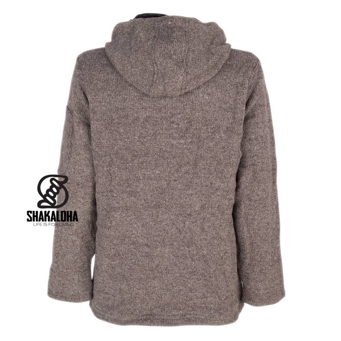 Shakaloha Chaleco de punto de lana Shakaloha Splendor ZH marrón claro topo con forro de algodón y capucha desmontable - Hombre/Unisex - Hecho a mano en Nepal con lana de oveja