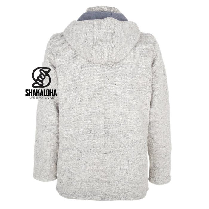 Shakaloha Shakaloha Knitted Woolen Jacket Splendor ZH Gray with Fleece Lining and Detachable Hood - Men - Unisex - Handmade in Nepal from sheep's wool