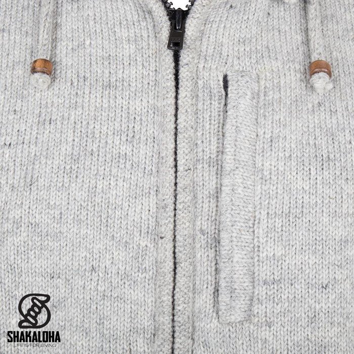 Shakaloha Shakaloha Knitted Woolen Jacket Splendor ZH Gray with Fleece Lining and Detachable Hood - Men - Unisex - Handmade in Nepal from sheep's wool