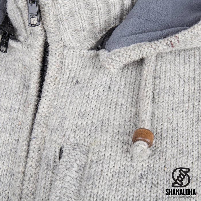 Shakaloha Shakaloha Knitted Woolen Jacket Splendor ZH Gray with Fleece Lining and Detachable Hood - Men - Unisex - Handmade in Nepal from sheep's wool