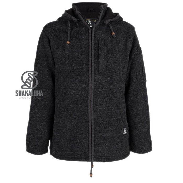 Shakaloha Shakaloha Gebreid Wollen Vest Splendor ZH Antraciet met Katoenen Voering en Afneembare Capuchon - Man/Uni - Handgemaakt in Nepal van Schapenwol