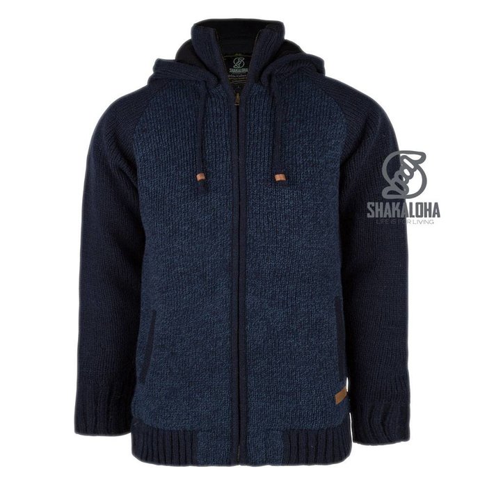 Shakaloha Chaleco de punto de lana Shakaloha azul marino bohemio con forro de algodón y capucha - Hombre/Unisex - Hecho a mano en Nepal con lana de oveja