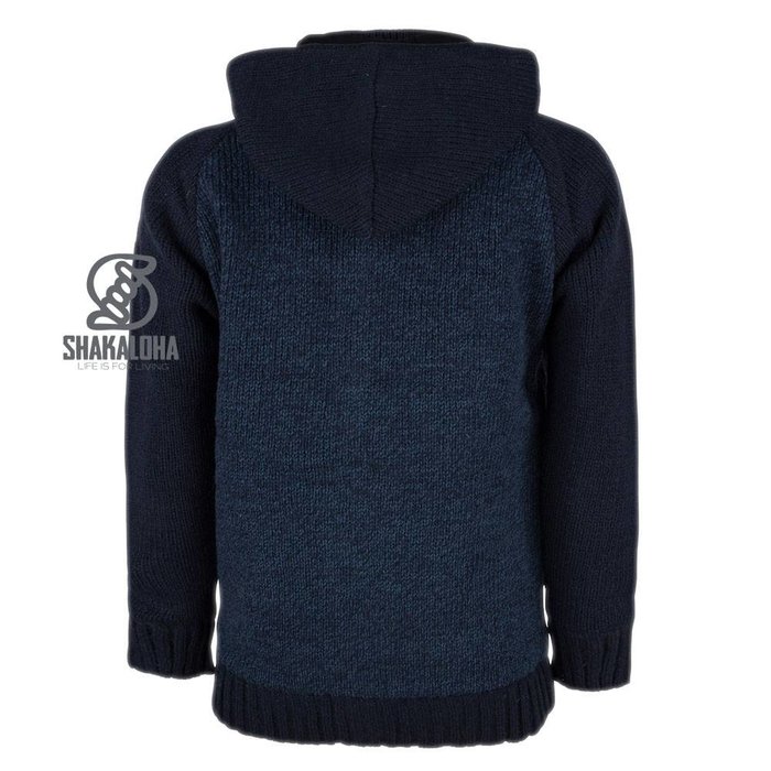 Shakaloha Shakaloha Knitted Woolen Jacket Bohemian Navy Blue with Cotton Lining and Hood - Men - Unisex - Handmade in Nepal from sheep's wool