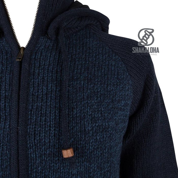Shakaloha Shakaloha Knitted Woolen Jacket Bohemian Navy Blue with Cotton Lining and Hood - Men - Unisex - Handmade in Nepal from sheep's wool