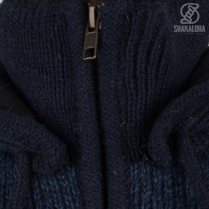 Shakaloha Shakaloha Knitted Woolen Jacket Bohemian Navy Blue with Cotton Lining and Hood - Men - Unisex - Handmade in Nepal from sheep's wool