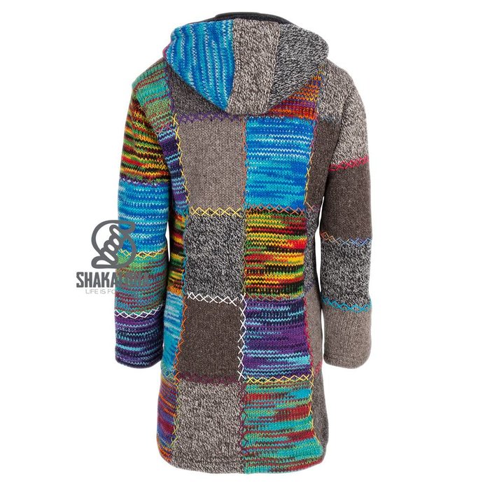 Shakaloha Chaleco de punto de lana Shakaloha con parche largo de piel multicolor con forro polar y capucha - Mujer - Hecho a mano en Nepal con lana de oveja