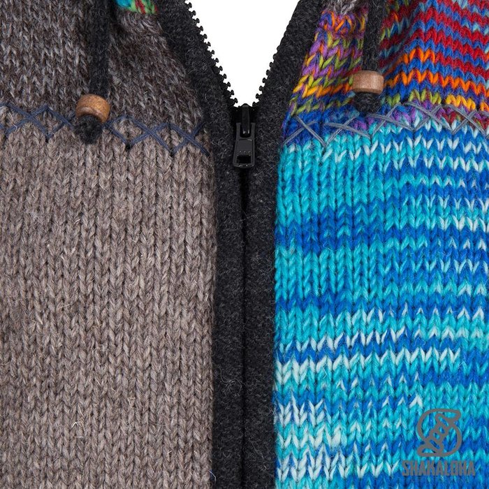 Shakaloha Chaleco de punto de lana Shakaloha con parche largo de piel multicolor con forro polar y capucha - Mujer - Hecho a mano en Nepal con lana de oveja
