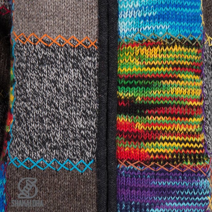Shakaloha Chaleco de punto de lana Shakaloha con parche largo de piel multicolor con forro polar y capucha - Mujer - Hecho a mano en Nepal con lana de oveja