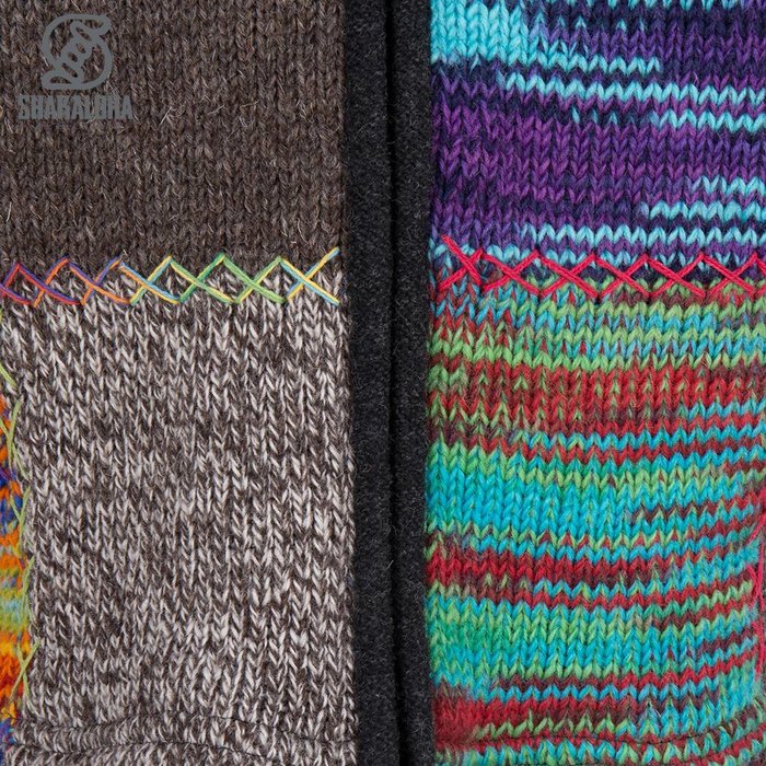 Shakaloha Chaleco de punto de lana Shakaloha con parche largo de piel multicolor con forro polar y capucha - Mujer - Hecho a mano en Nepal con lana de oveja