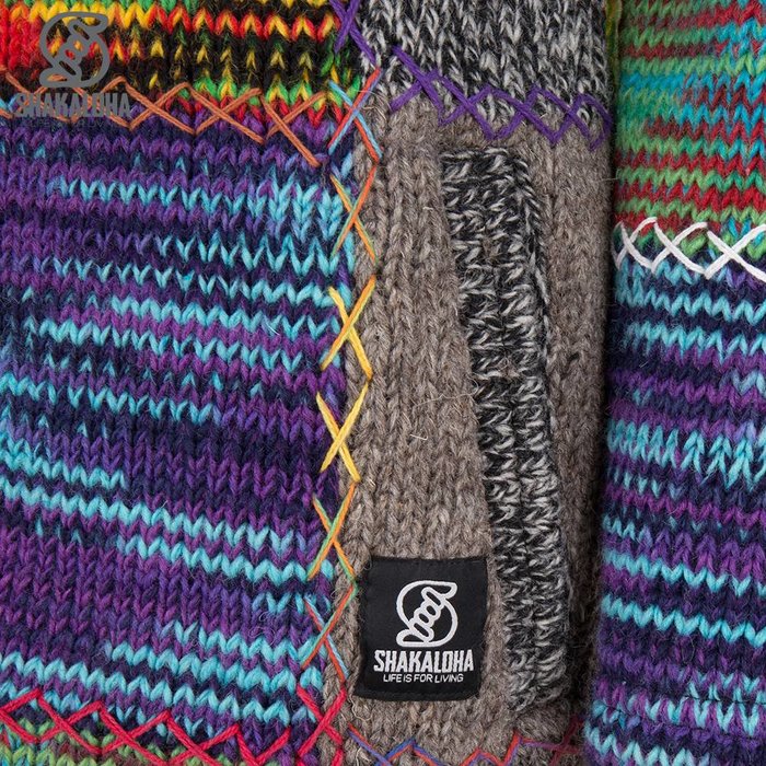 Shakaloha Chaleco de punto de lana Shakaloha con parche largo de piel multicolor con forro polar y capucha - Mujer - Hecho a mano en Nepal con lana de oveja