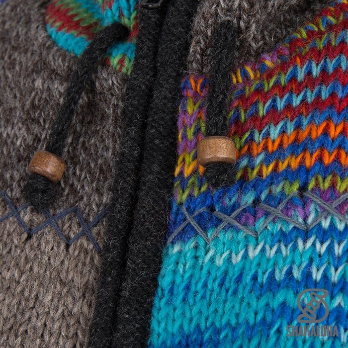 Shakaloha Chaleco de punto de lana Shakaloha con parche largo de piel multicolor con forro polar y capucha - Mujer - Hecho a mano en Nepal con lana de oveja