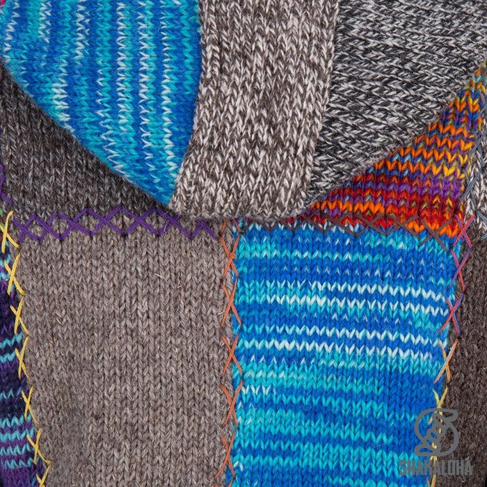 Shakaloha Chaleco de punto de lana Shakaloha con parche largo de piel multicolor con forro polar y capucha - Mujer - Hecho a mano en Nepal con lana de oveja