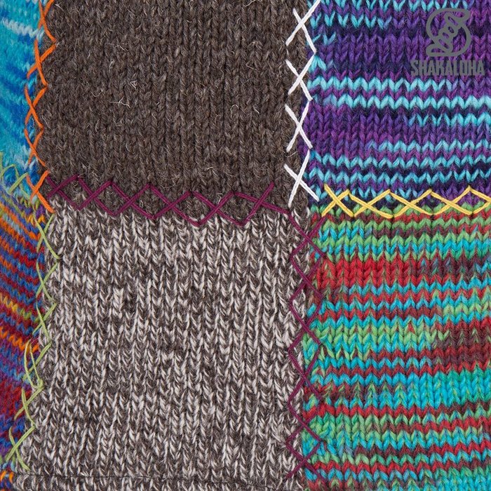 Shakaloha Chaleco de punto de lana Shakaloha con parche largo de piel multicolor con forro polar y capucha - Mujer - Hecho a mano en Nepal con lana de oveja
