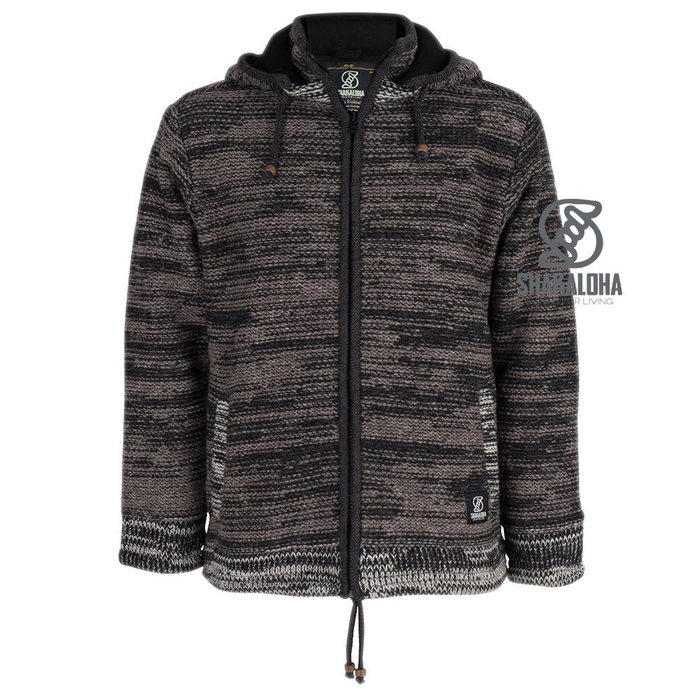 Shakaloha Shakaloha Knitted Woolen Jacket Talbot ZH Anthracite Light Brown with Fleece Lining and Detachable Hood - Men - Unisex - Handmade in Nepal from sheep's wool