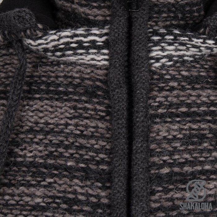 Shakaloha Shakaloha Knitted Woolen Jacket Talbot ZH Anthracite Light Brown with Fleece Lining and Detachable Hood - Men - Unisex - Handmade in Nepal from sheep's wool
