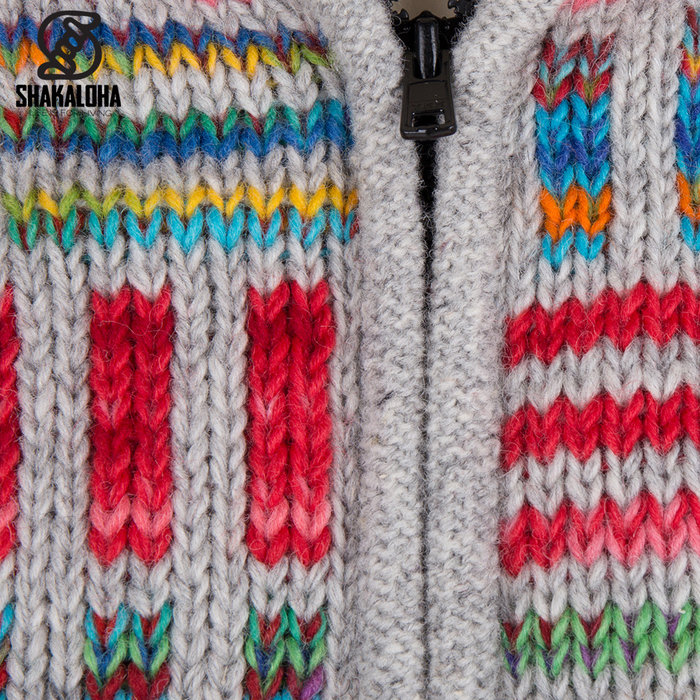 Shakaloha Chaleco de punto de lana Shakaloha Tictac ZH gris multicolor con forro de algodón y capucha desmontable - Mujer - Hecho a mano en Nepal con lana de oveja