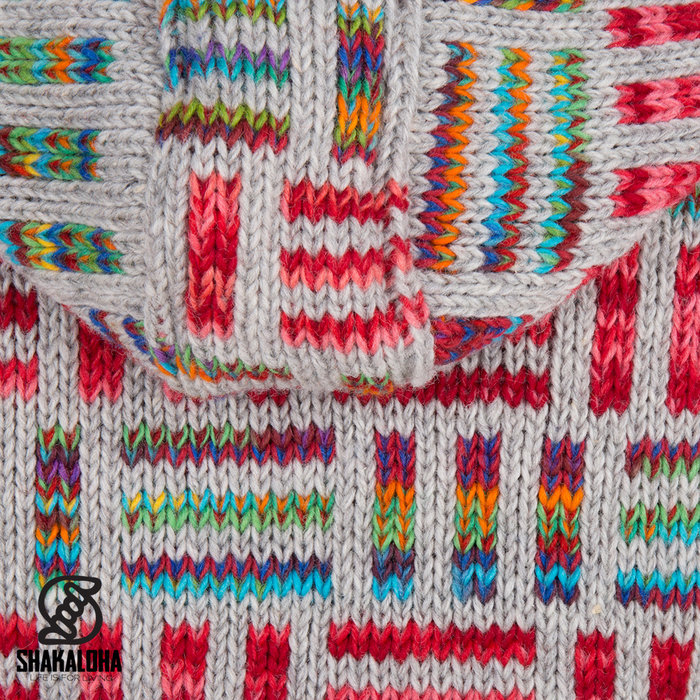 Shakaloha Shakaloha Gestrickte Wollweste Tictac ZH Grau Mehrfarbig mit Baumwollfutter und abnehmbarer Kapuze - Damen - Handgefertigt in Nepal aus Schafwolle