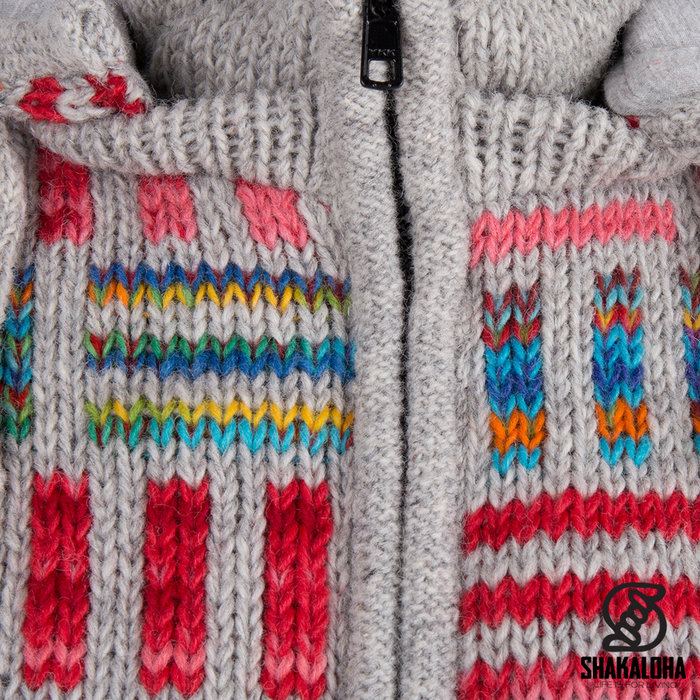 Shakaloha Shakaloha Knitted Woolen Jacket Tictac ZH Gray Variegated with Cotton Lining and Detachable Hood - Woman - Handmade in Nepal from sheep's wool