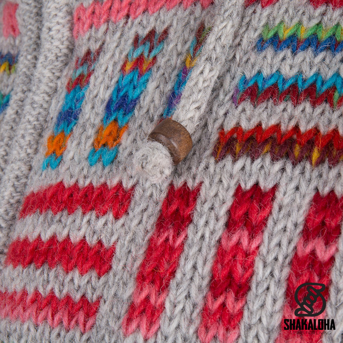 Shakaloha Chaleco de punto de lana Shakaloha Tictac ZH gris multicolor con forro de algodón y capucha desmontable - Mujer - Hecho a mano en Nepal con lana de oveja