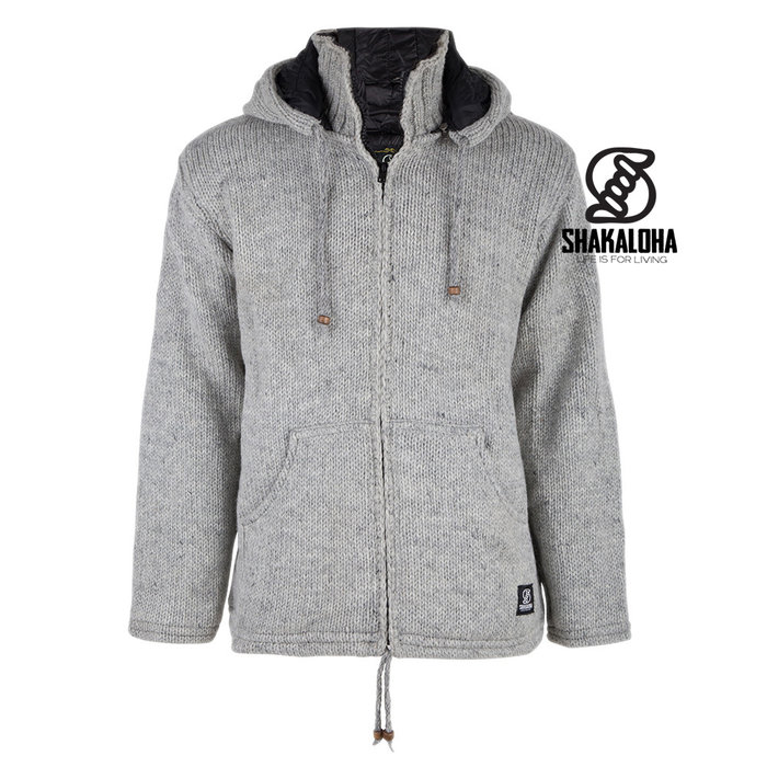 Shakaloha Shakaloha Strick-Wollweste Breaker Grau mit Nylon-Windstopper und abnehmbarer Kapuze – Herren/Uni – Handgefertigt in Nepal aus Schafwolle